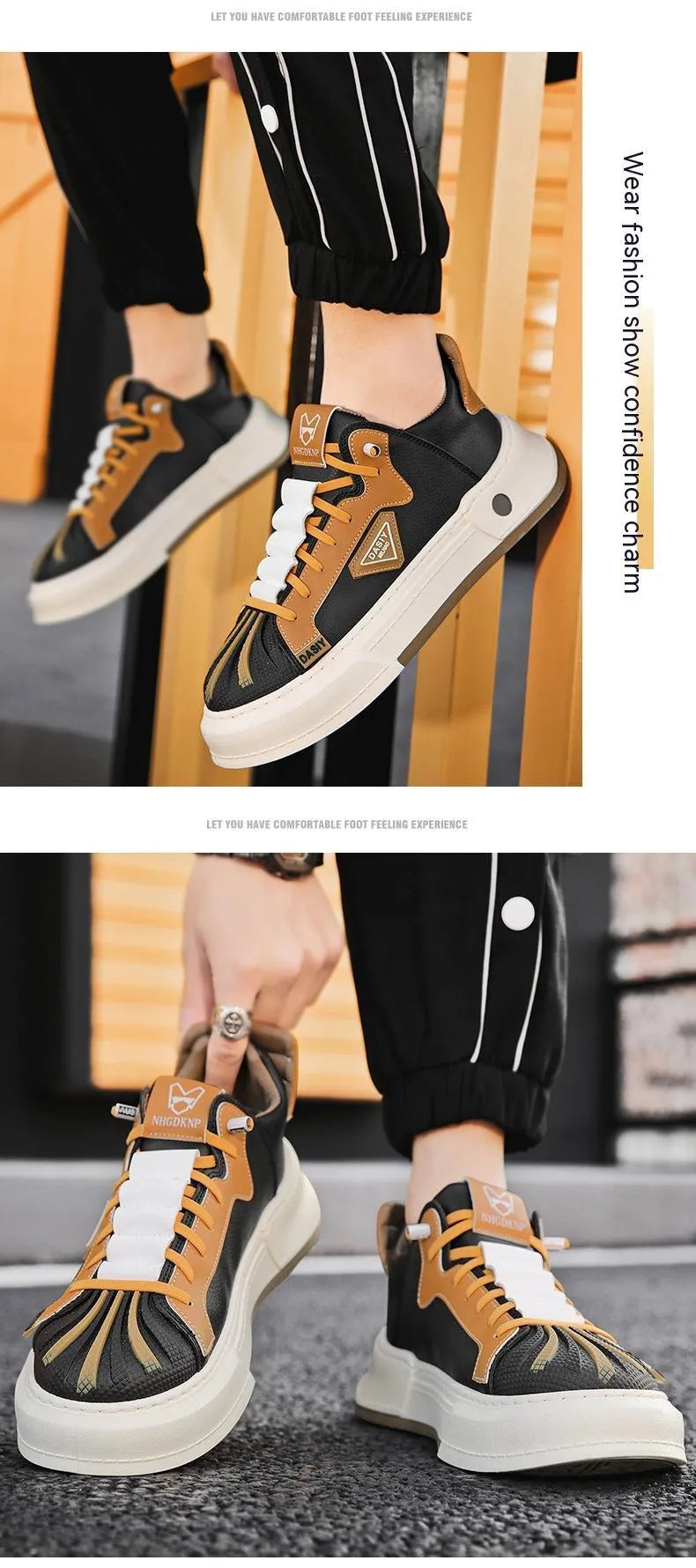 Men's beige low-top casual sneakers with elastic band fastening and leather stitching detail on microfiber upper.