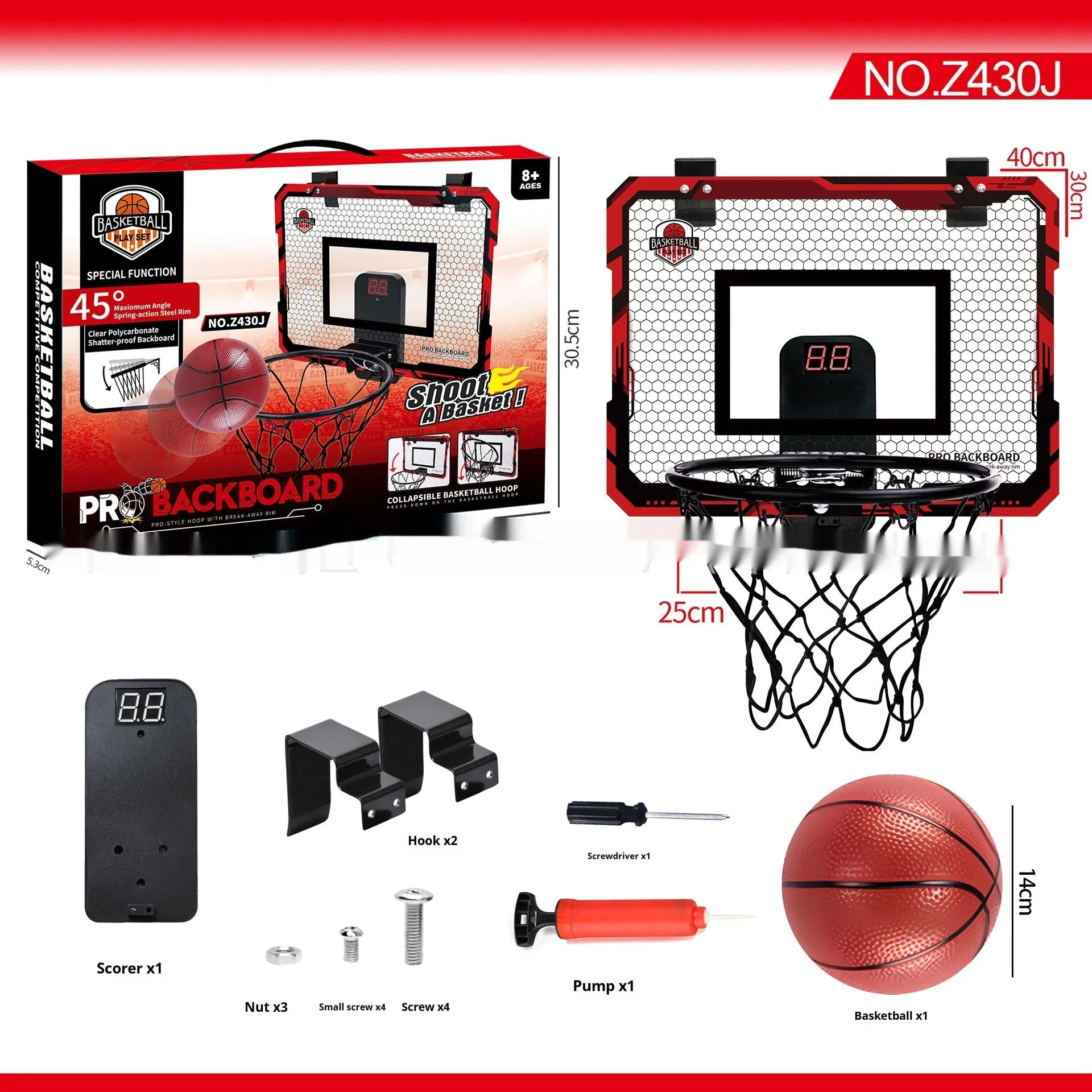 Red and blue folding basketball frame with scoring panels, suction cups, and iron hook