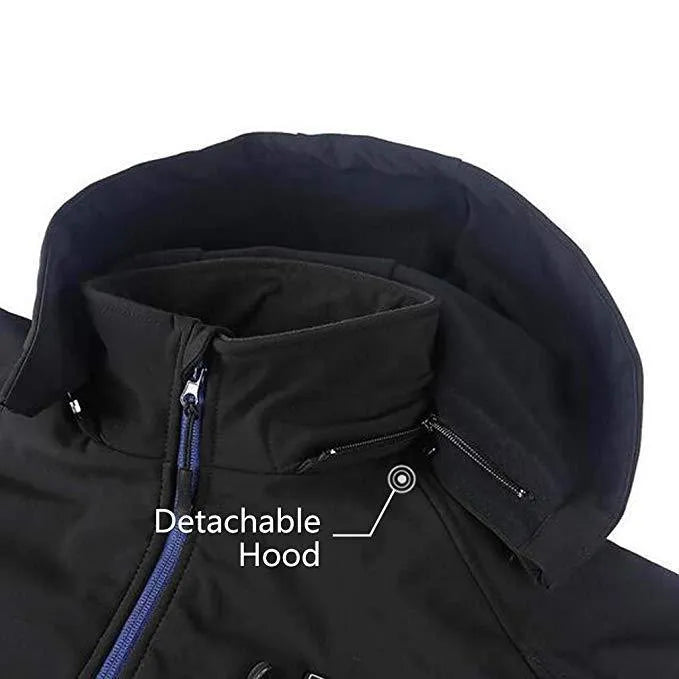 Black men's USB-heated waterproof winter coat with zip pockets on a mannequin, showing straight hem and long sleeve design.