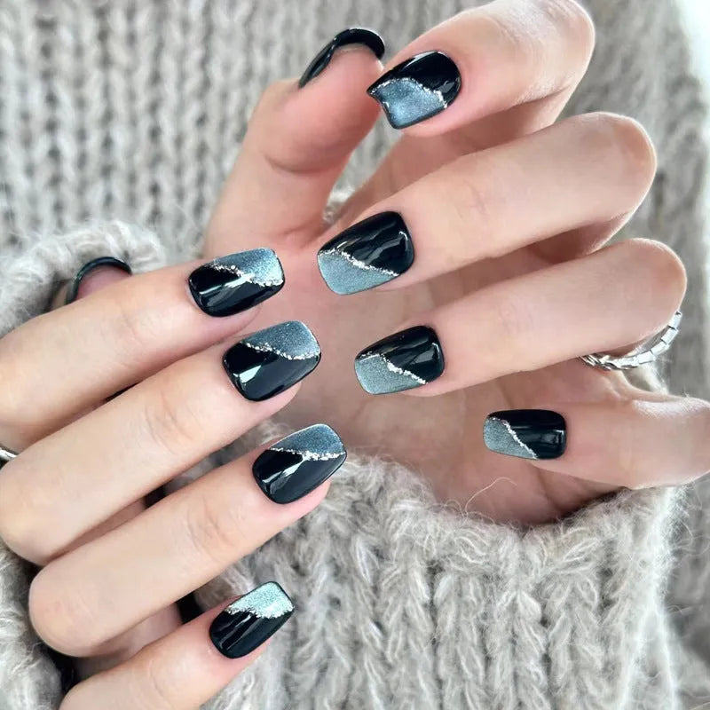 False nails with gel polish finish in assorted colours and patterns