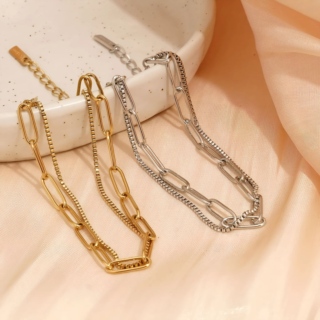 Double layer titanium steel bracelet with geometric design in gold or silver finish