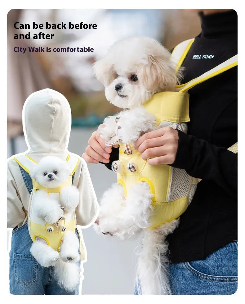 Cartoon cute chest bag pet carrier with animal pattern, soft canvas construction, and colourful stitching details