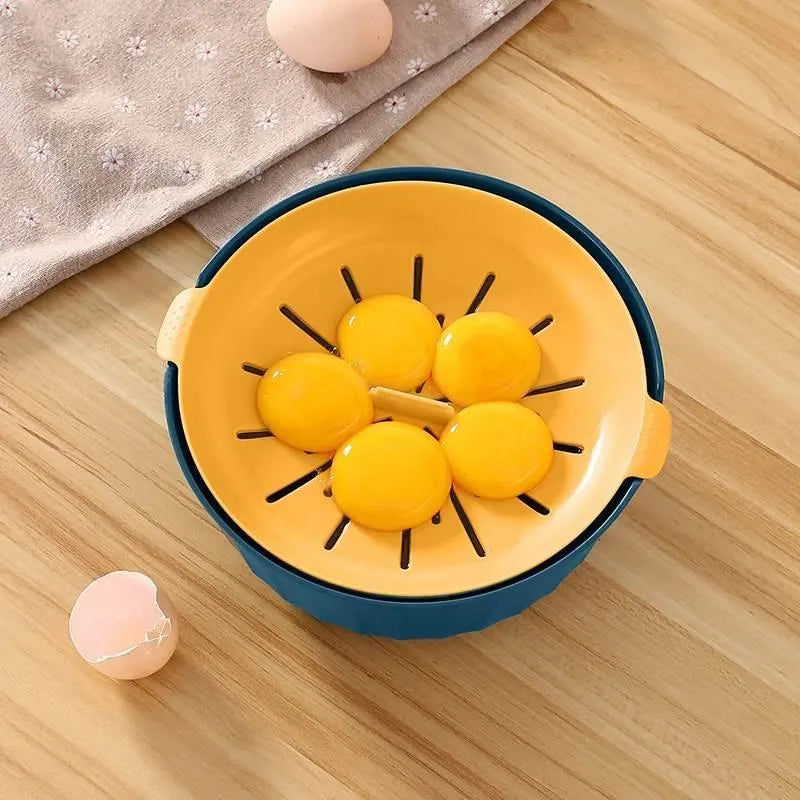 Home kitchen egg yolk and white separator in PP plastic, showing three colour options blue yellow, Nordic green, and apple red.