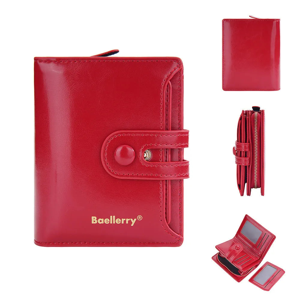 Soft PU leather card holder wallet for women shown in multiple colours with card slots.