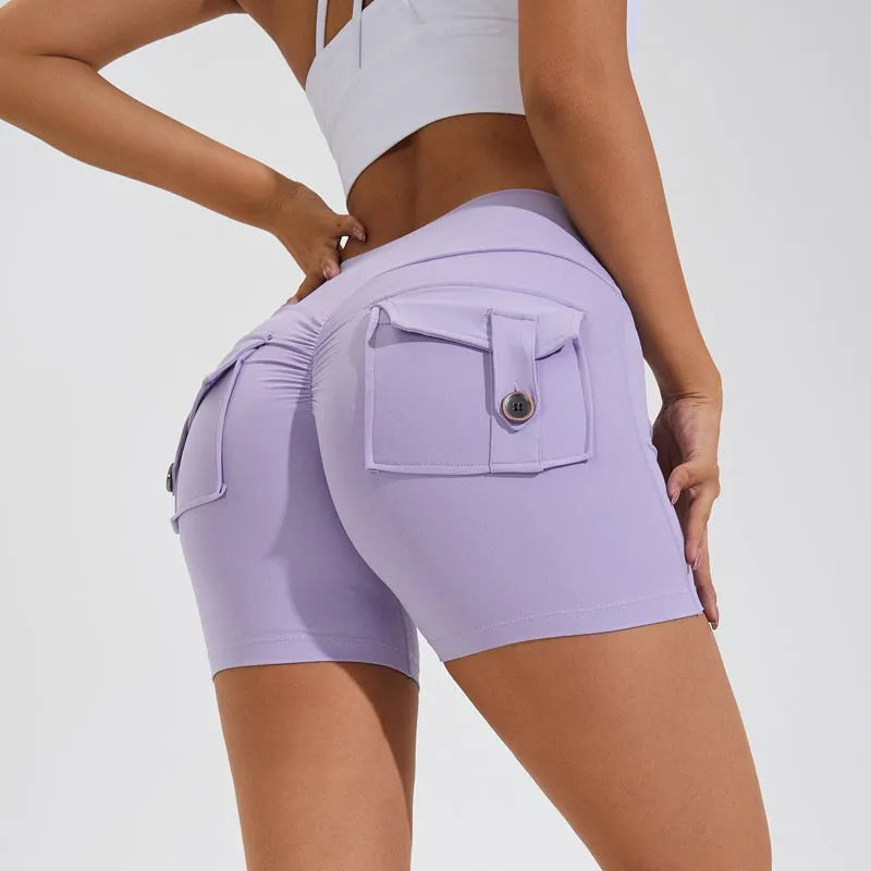 Women's high waist fitness shorts with pockets in avocado green colour for yoga and workouts