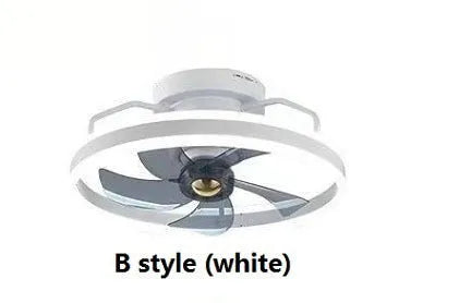 Modern white ceiling fan with integrated light and five PC blades, shown in a bedroom setting.