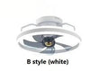 Modern white ceiling fan with integrated light and five PC blades, shown in a bedroom setting.