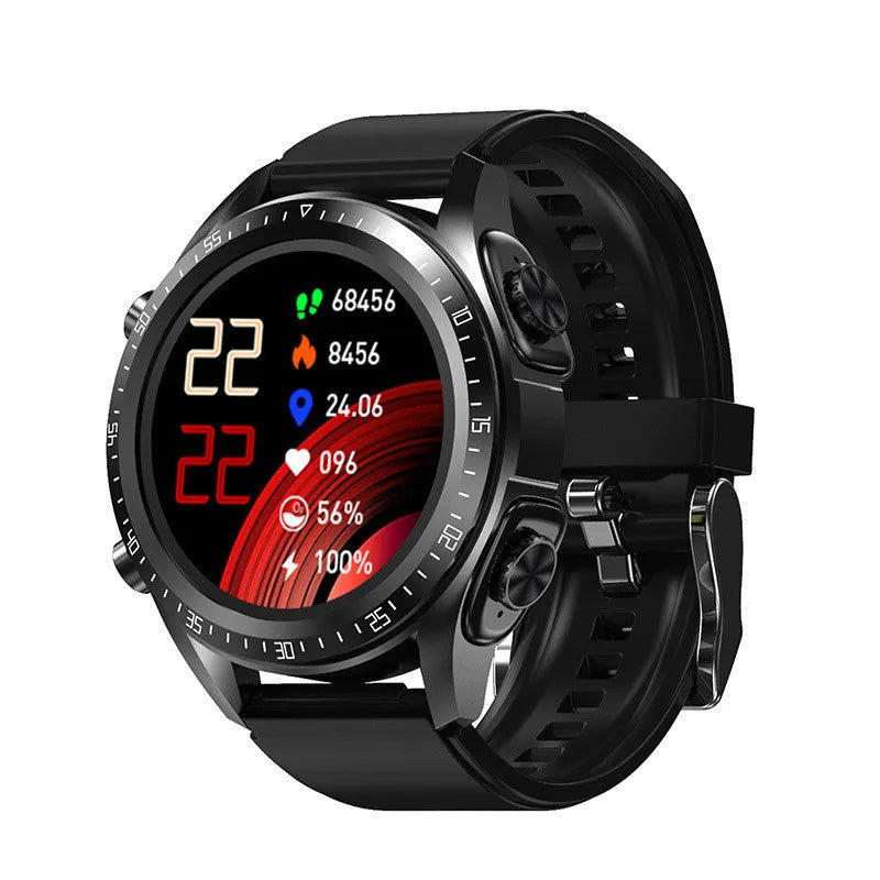 Black smart watch with blood pressure monitoring on a silicone strap, showing its 1.28-inch touchscreen display.