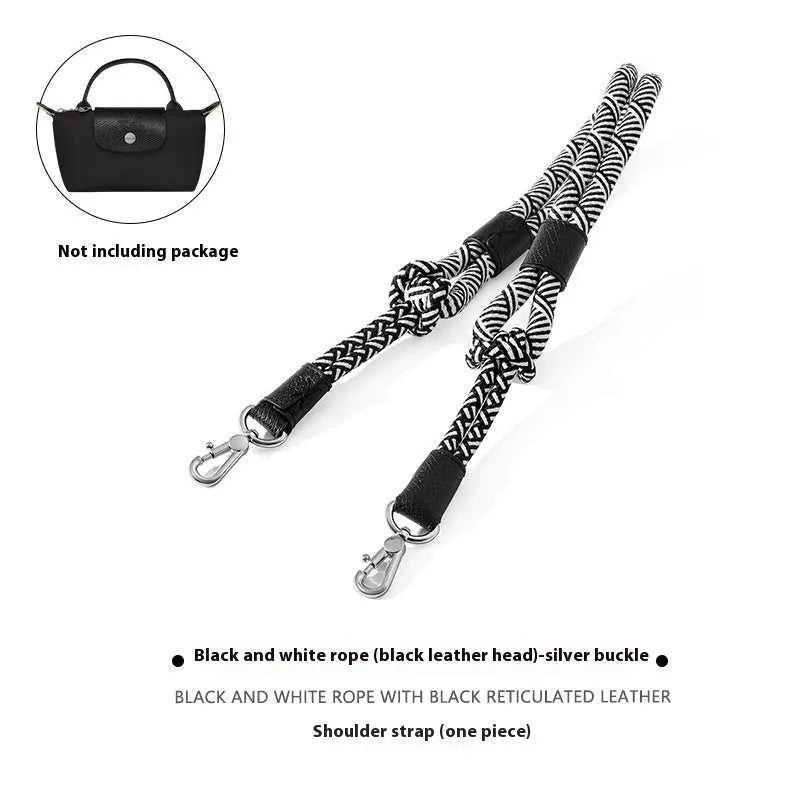 Braided nylon and cowhide leather crossbody shoulder strap with gold alloy buckle on a grey background.