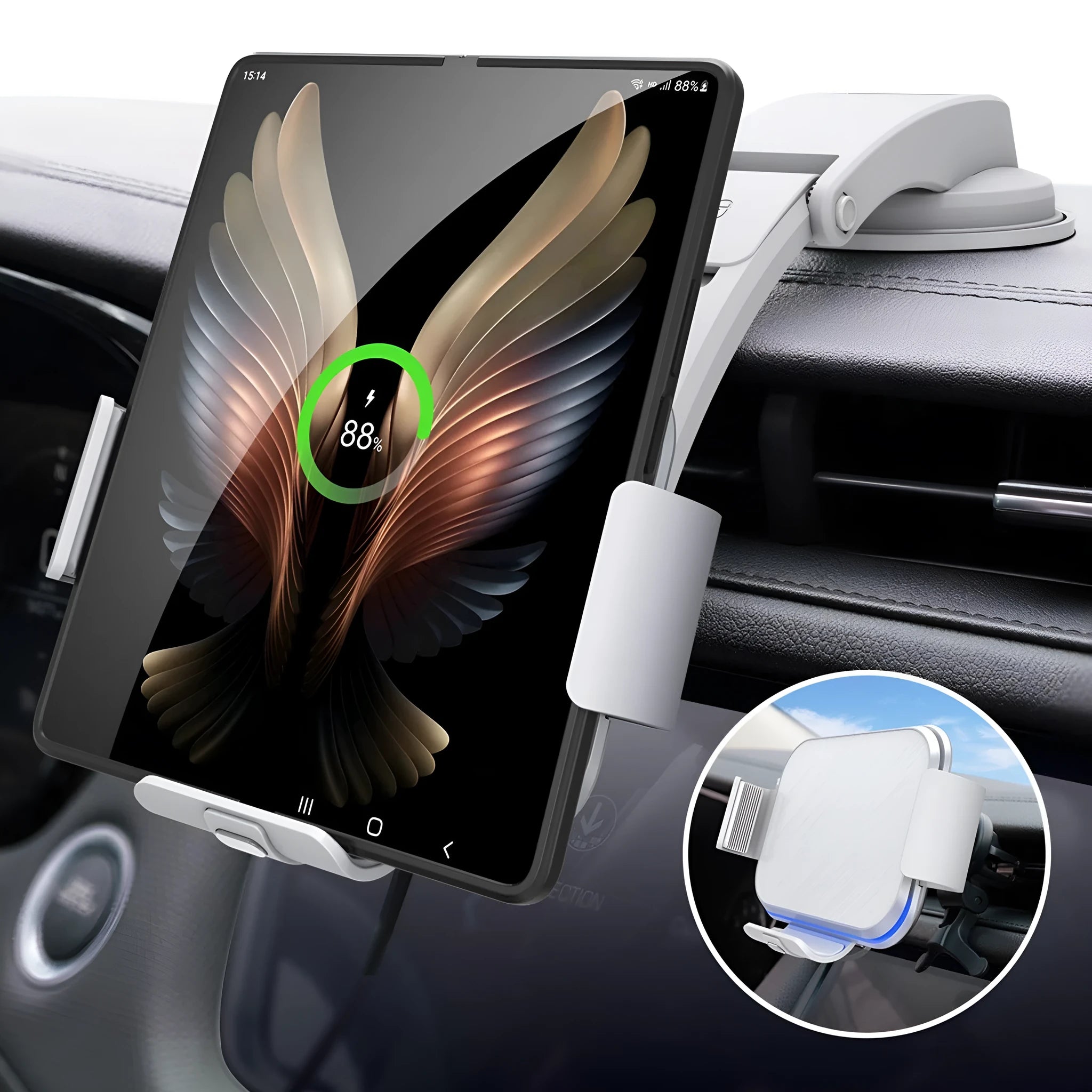 Grey wireless charging bracket with folding screen for mobile phones in vehicle use