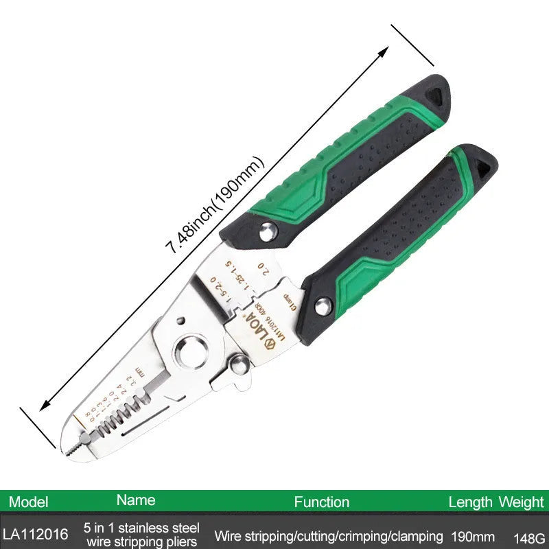 Stainless steel multifunction wire stripper tool with seven stripping ports and two-colour handle.