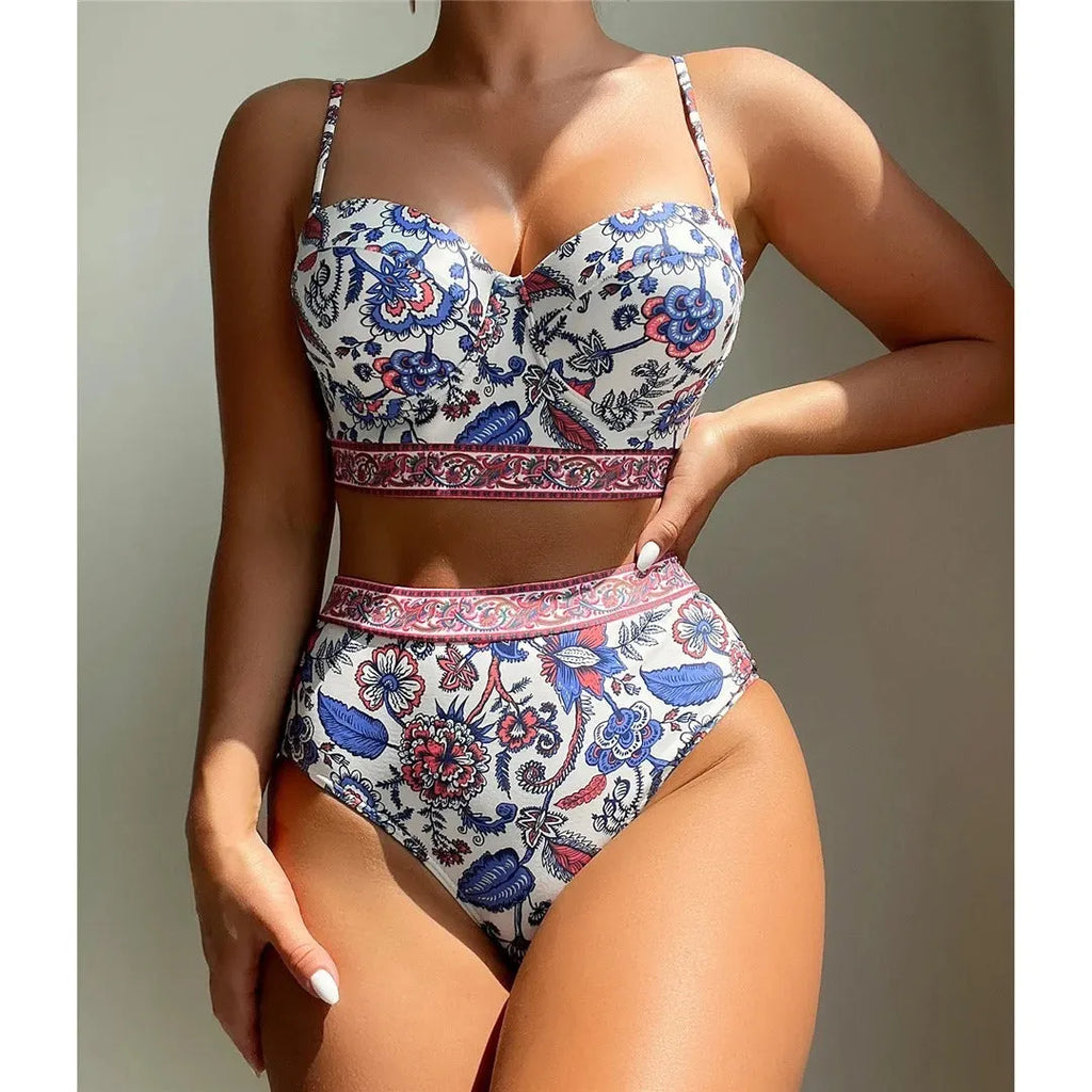 Blue high waist push-up bikini swimsuit for women with polyester lining