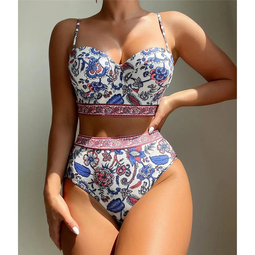 Blue high waist push-up bikini swimsuit for women with polyester lining
