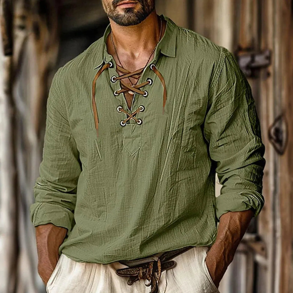 Men's loose fit linen blend shirt with white lace detail on lapel collar, shown in blue.