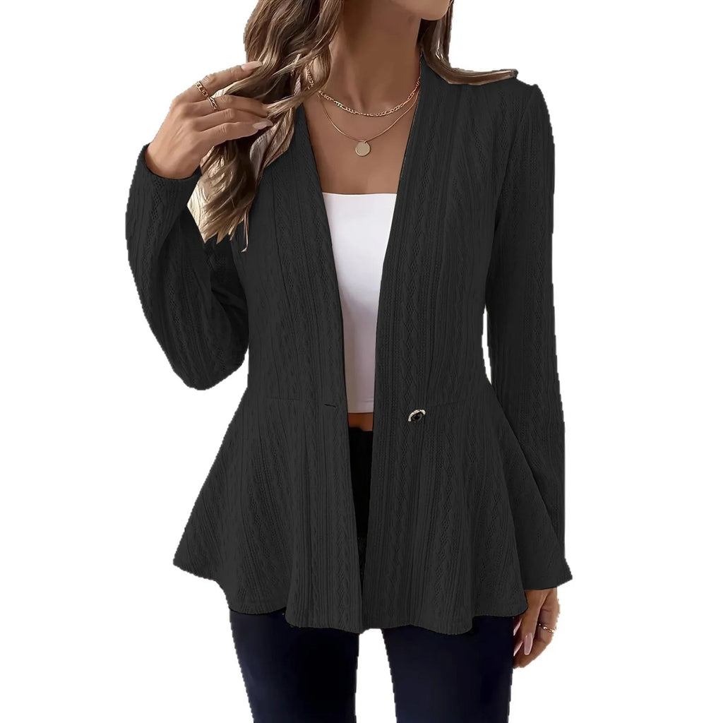 Women's apricot coloured tight fit knitted cardigan with jacquard pattern and one button front