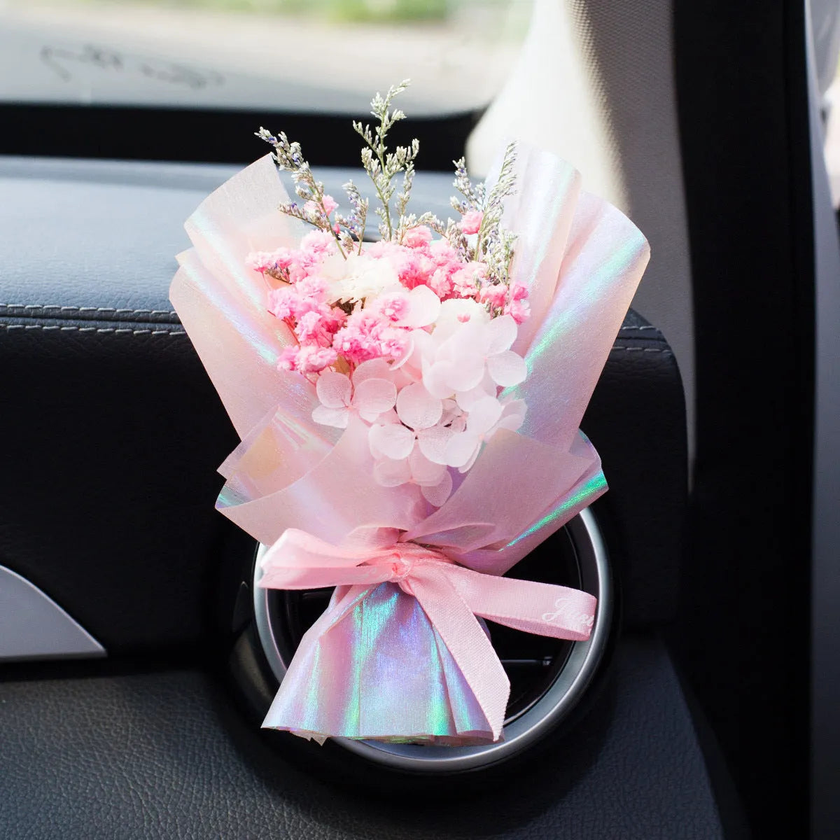 Handmade dried flower car vent ornament with interchangeable scented discs in multiple colour options