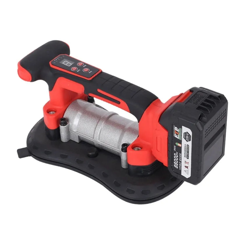 Cordless 21V tile laying machine with vacuum pad for installing large format tiles.
