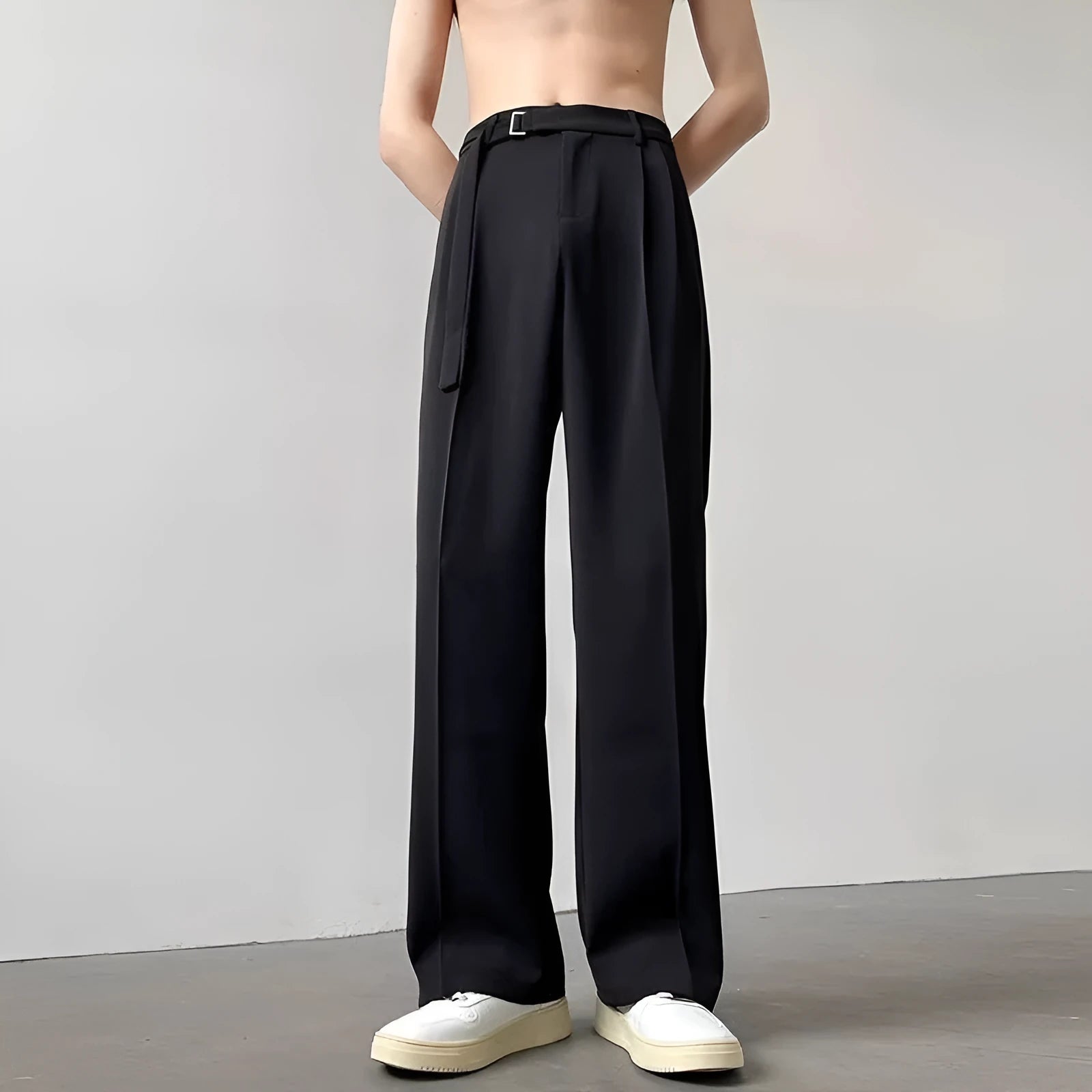 Black wide leg trousers with straight leg opening and non-ironing chemical fibre blend fabric