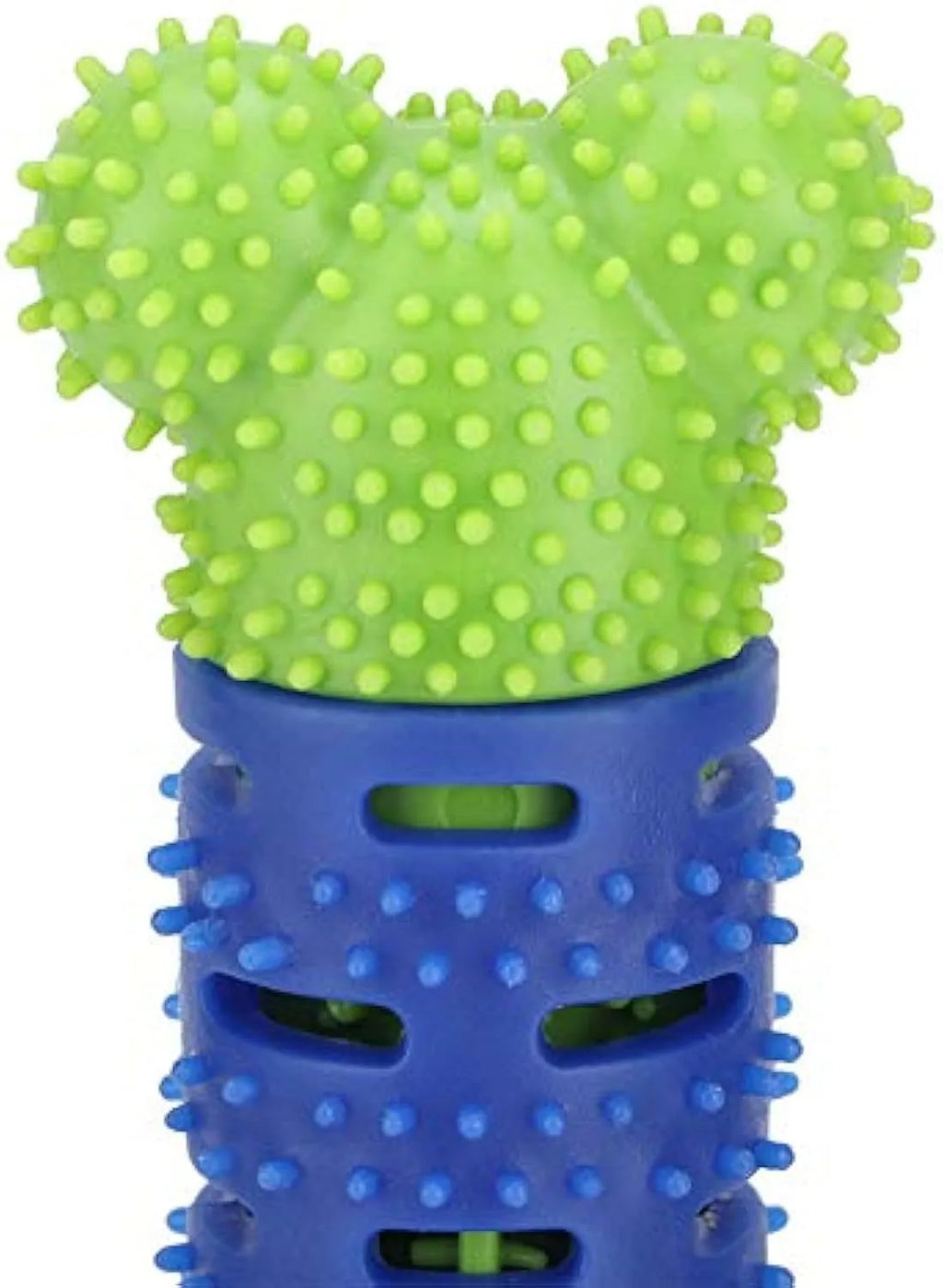 Blue green silicone dog dental cleaning stick with brush head and massage nodules for teeth and gum care