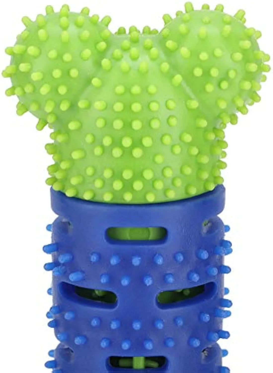 Blue green silicone dog dental cleaning stick with brush head and massage nodules for teeth and gum care