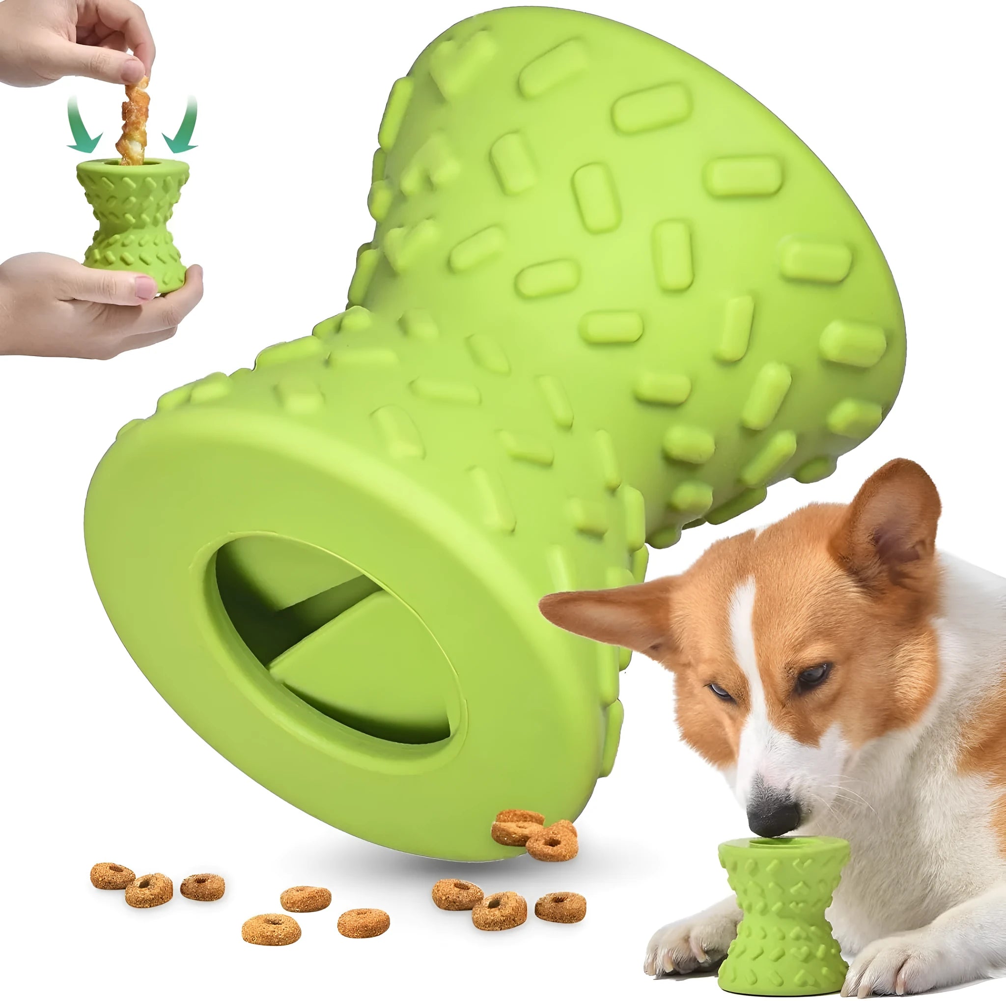 Natural rubber interactive treat dispensing dog chew toy in blue, green or purple