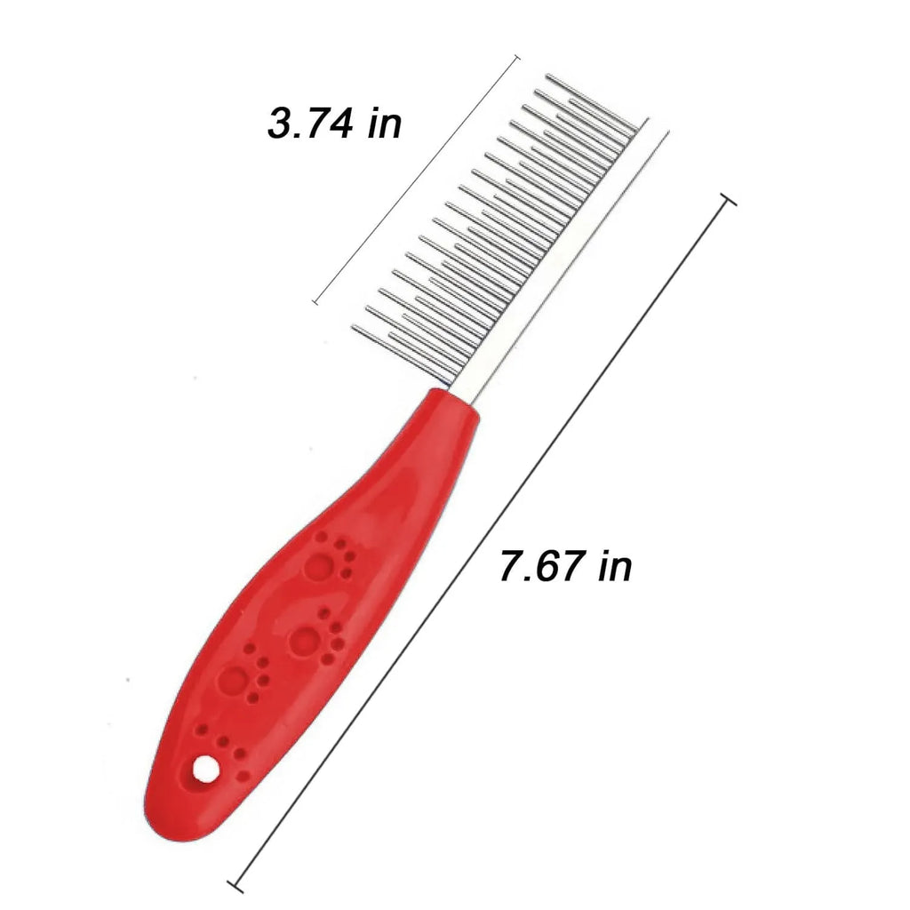 Red plastic handle pet grooming comb with stainless steel short and long teeth for dematting dogs and cats.