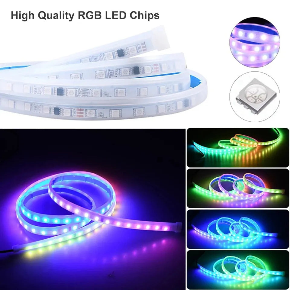 Flexible PVC LED light strip for automotive engine bay, showing white illumination through a car grille.