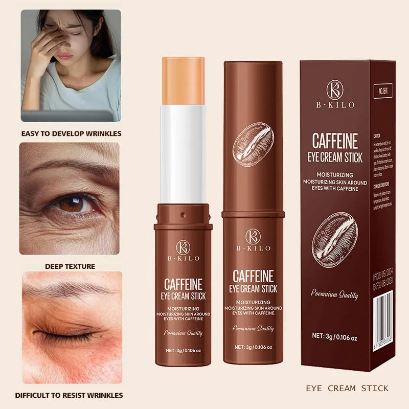 Caffeine eye cream stick in portable applicator for under-eye treatment of fine lines and dark circles