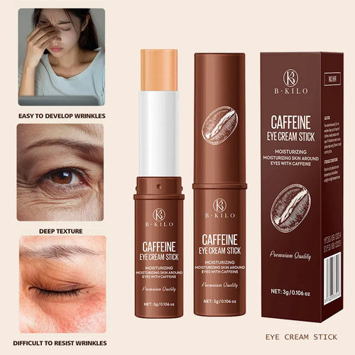 Caffeine eye cream stick in portable applicator for under-eye treatment of fine lines and dark circles