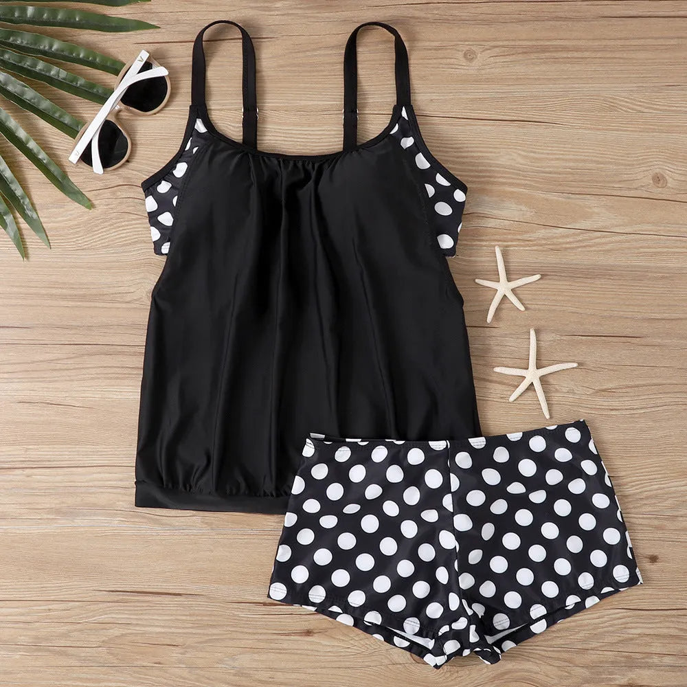 Women's split printed polka dot boxer swimsuit briefs in high-waist conservative style