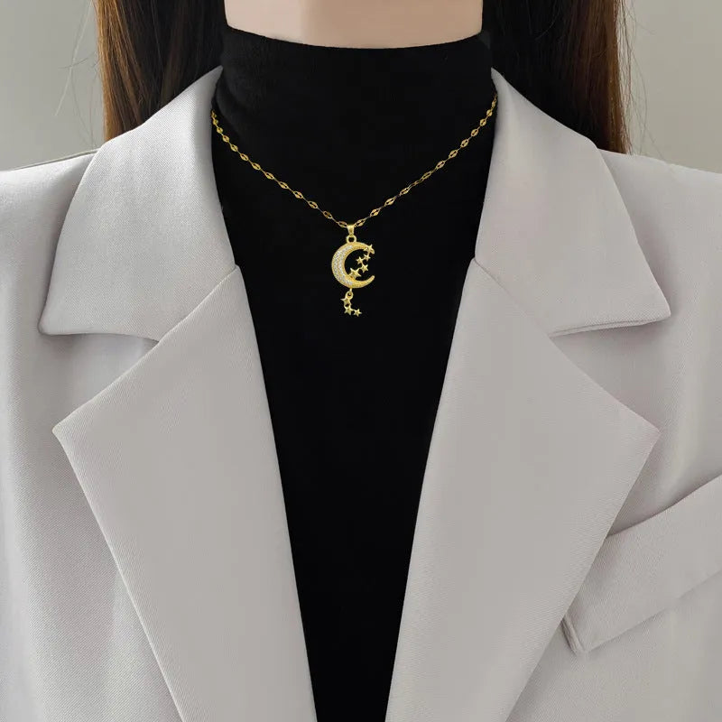 Geometric moon pendant necklace with stainless steel chain and copper tassel decorations