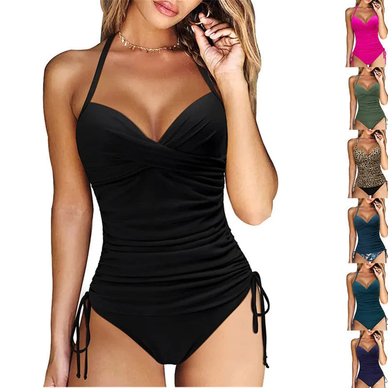 Women's slim fit nylon bikini set in black, army green, leopard print or green leaves patterns