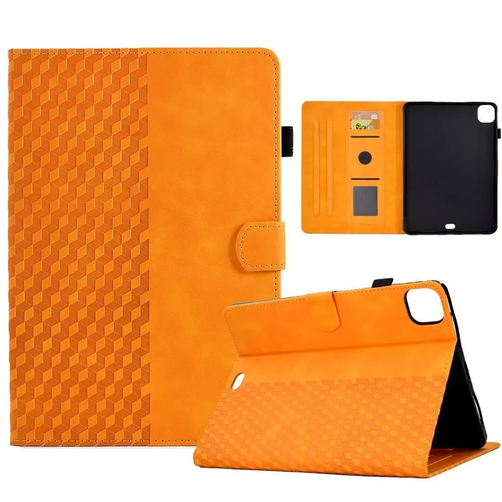 Leather tablet case for iPad Pro 11 with card slot and folded-out kickstand, shown in diamond black finish.
