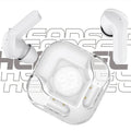 Transparent Bluetooth TWS wireless earphones showing in-ear design with noise reduction in colour options