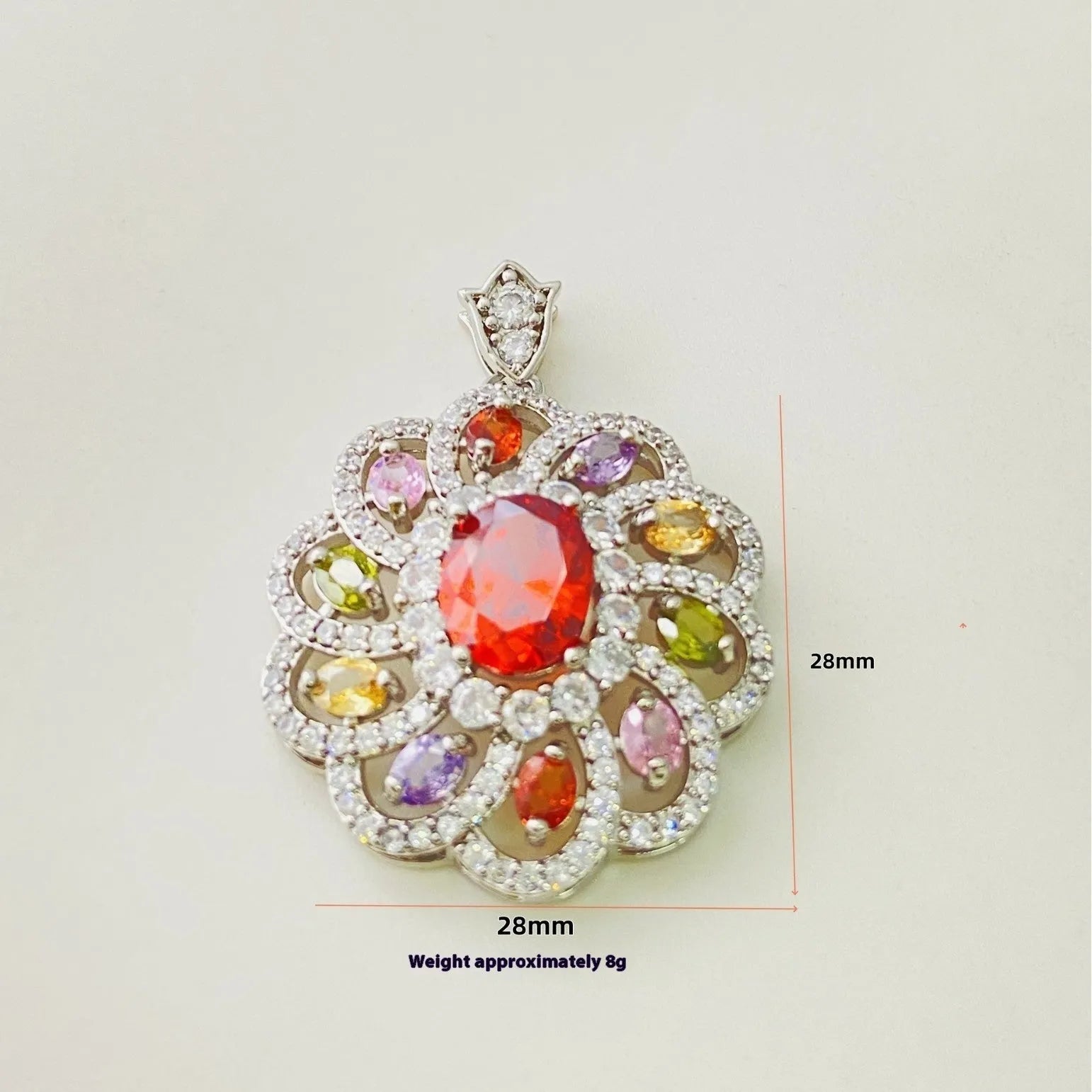 Close-up of a women's flower-shaped zircon pendant necklace in a gold electroplated finish on a model.