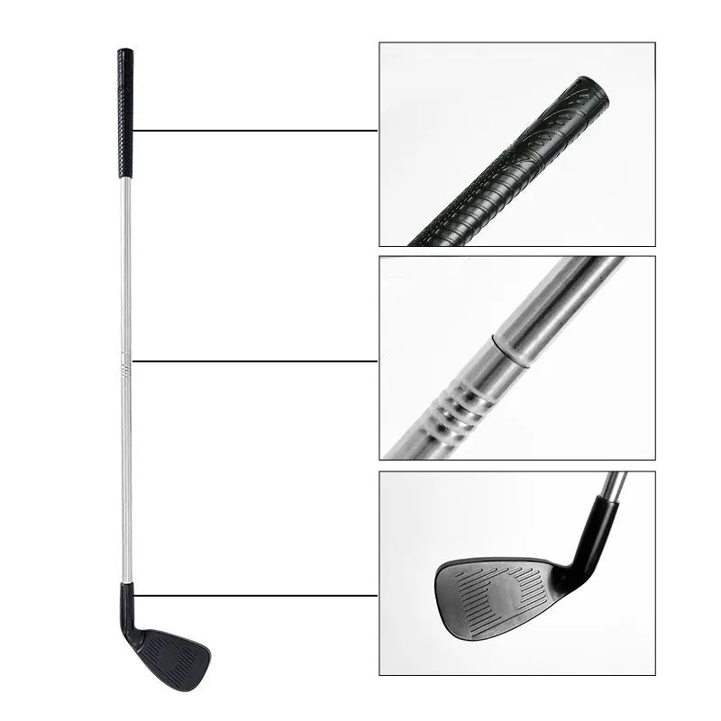Silver metal golf club set showing adult and children's size options for outdoor practice