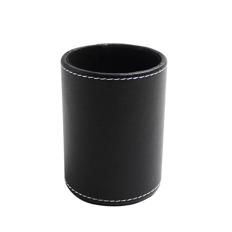 Black leather round pen holder with 8cm diameter and 10.8cm height for desk organisation
