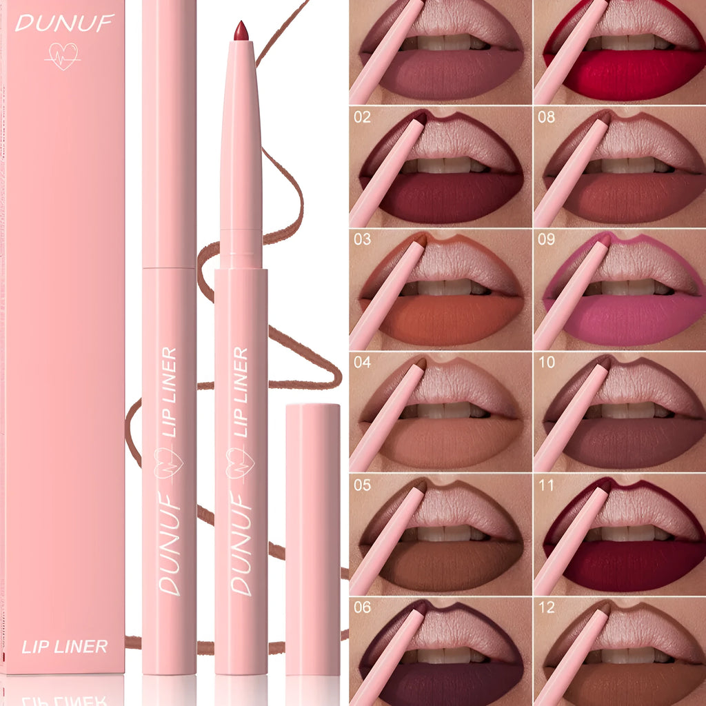 Set of twelve velvet matte lip liners in various shades for precise lip contouring