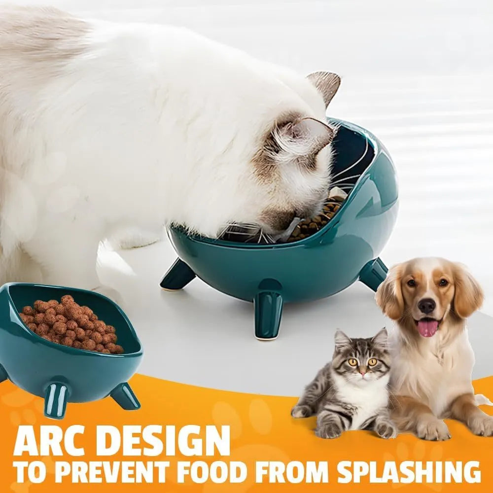 Green ceramic pet food bowl with four-legged base and rounded arc design