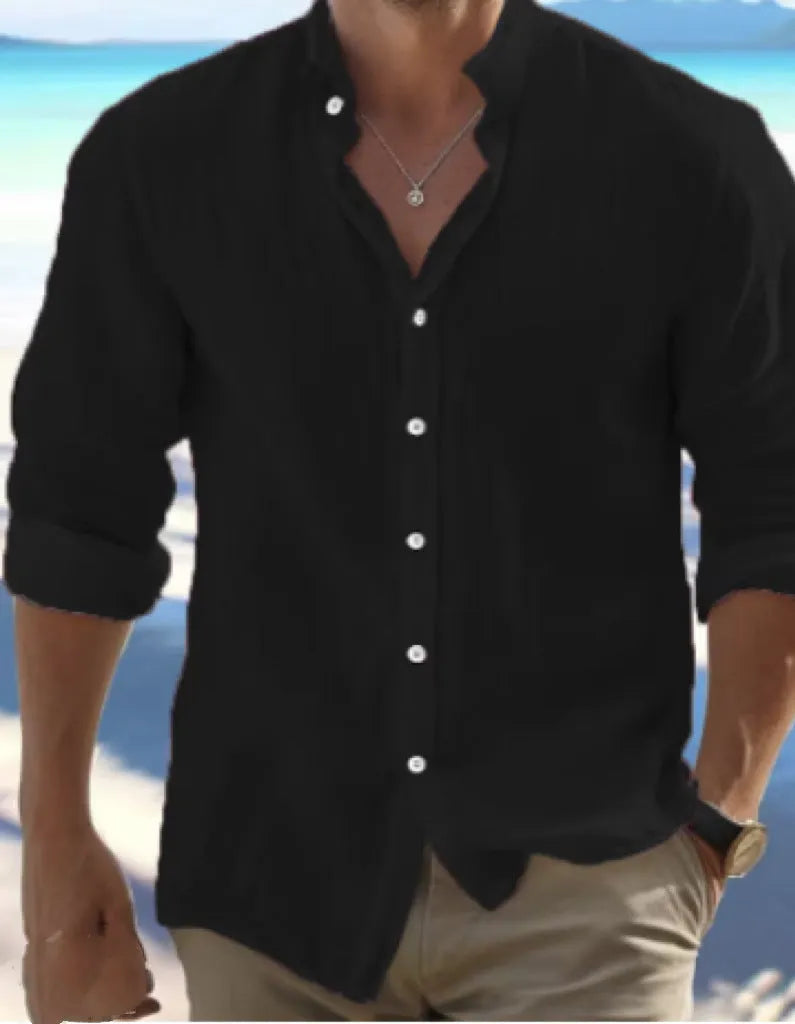 Men's light blue long-staple cotton casual summer shirt with button front and collar on a hanger.