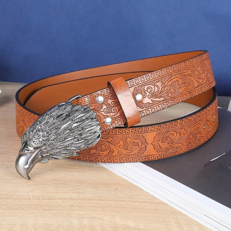 Men's black imitation leather belt with a detailed silver alloy cow head buckle and pin fastening.