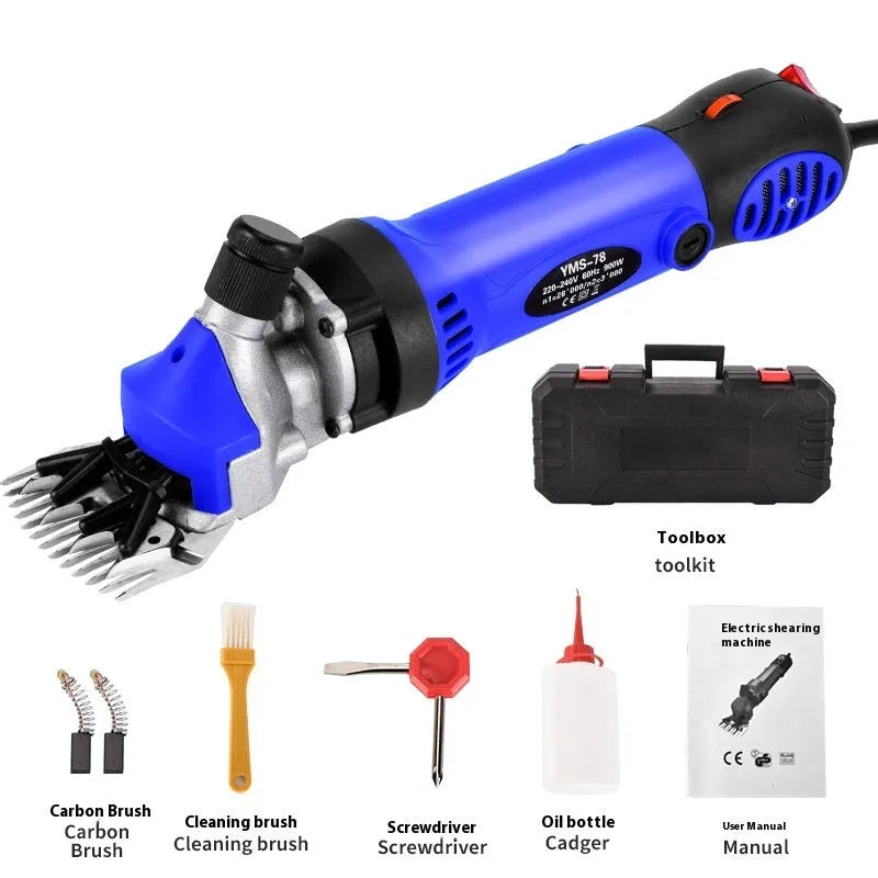 Yellow electric wool shearing machine with 110V plug and multiple blade sets in plastic storage case
