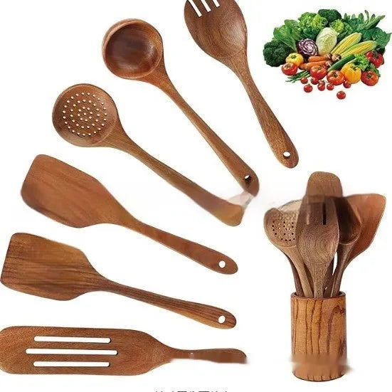 Seven-piece wooden kitchen utensil set showing spoons, spatulas and soup ladles arranged together