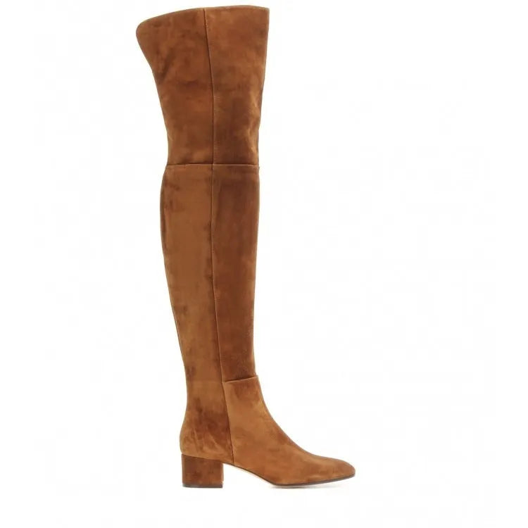 Grey suede women's over the knee flat boots with a pointed toe and low block heel on a neutral background.