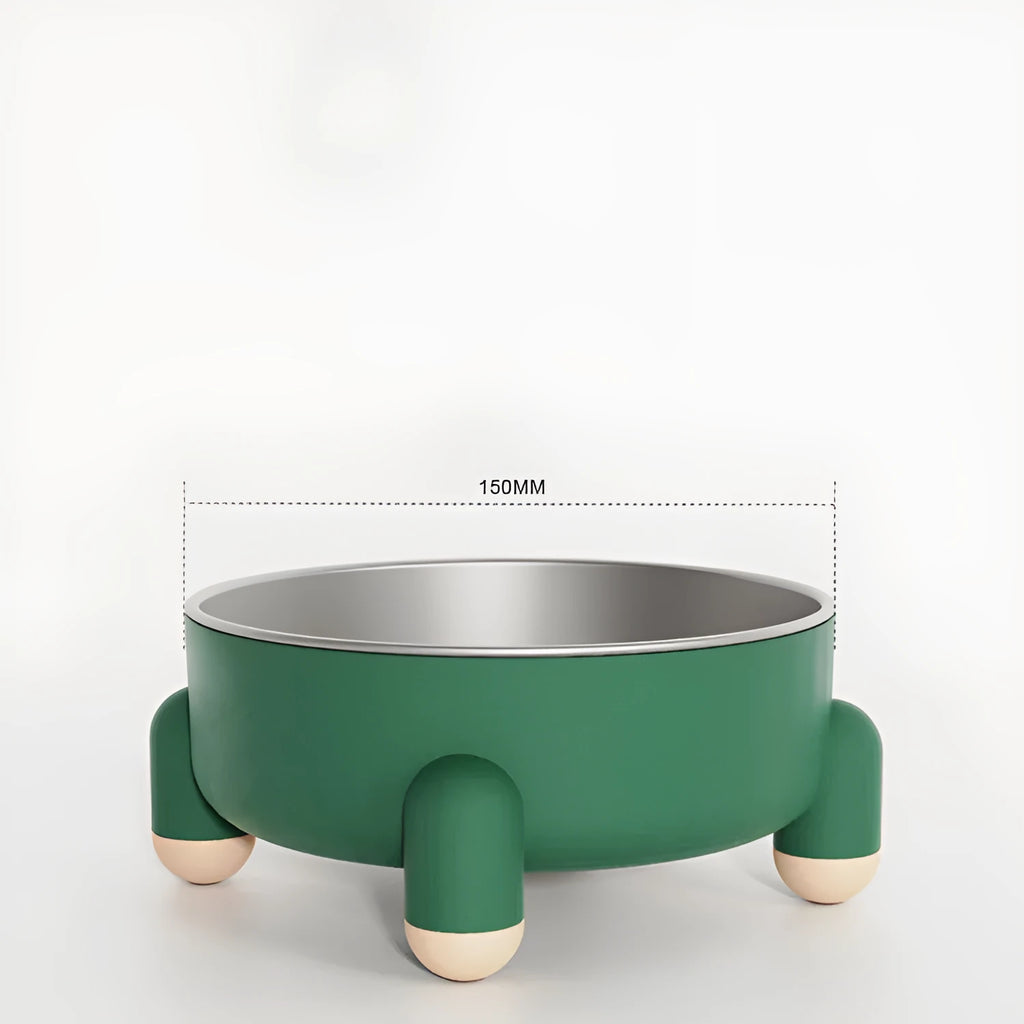 Stainless steel pet bowl with high foot design in green, pink, and white colour options