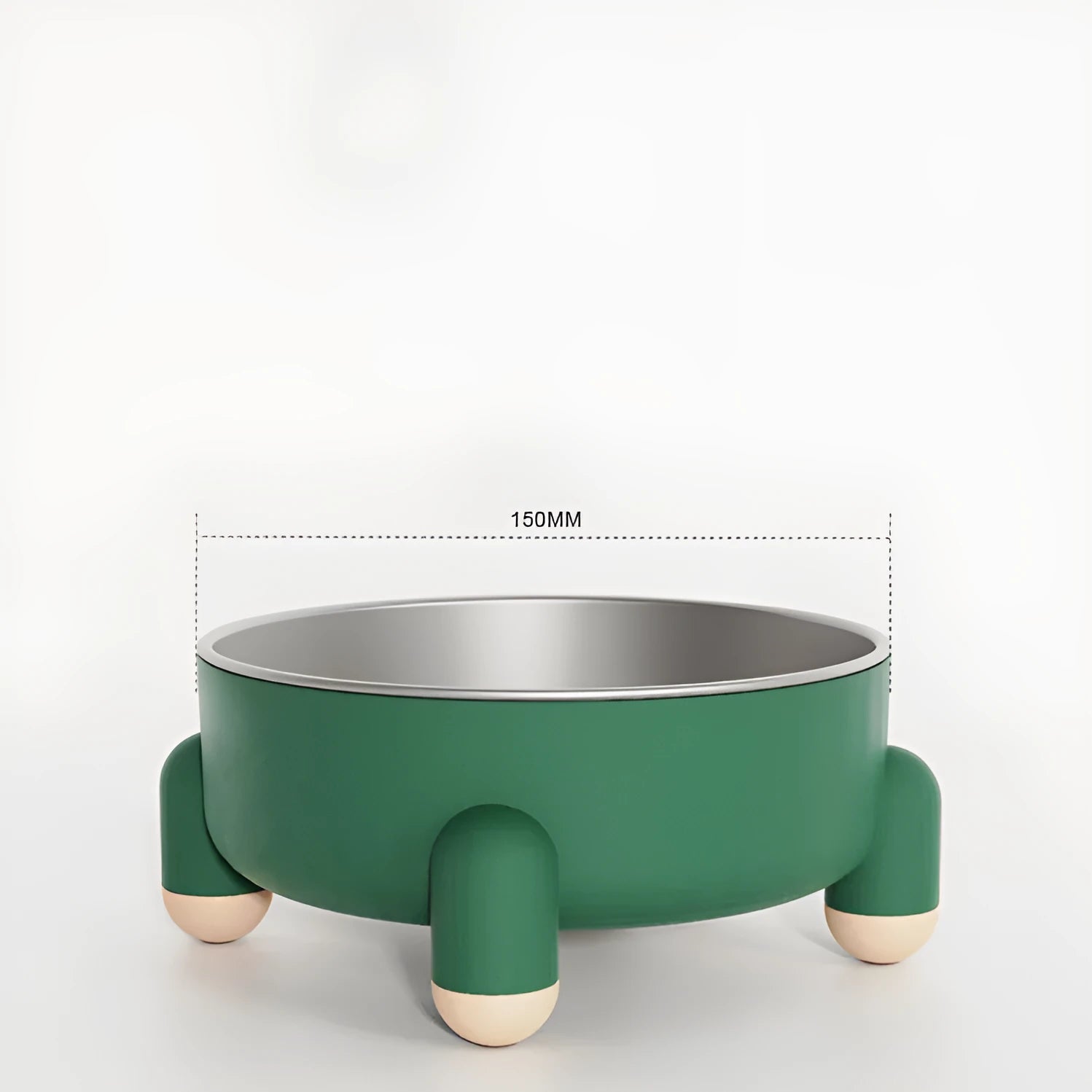 Stainless steel pet bowl with high foot design in green, pink, and white colour options
