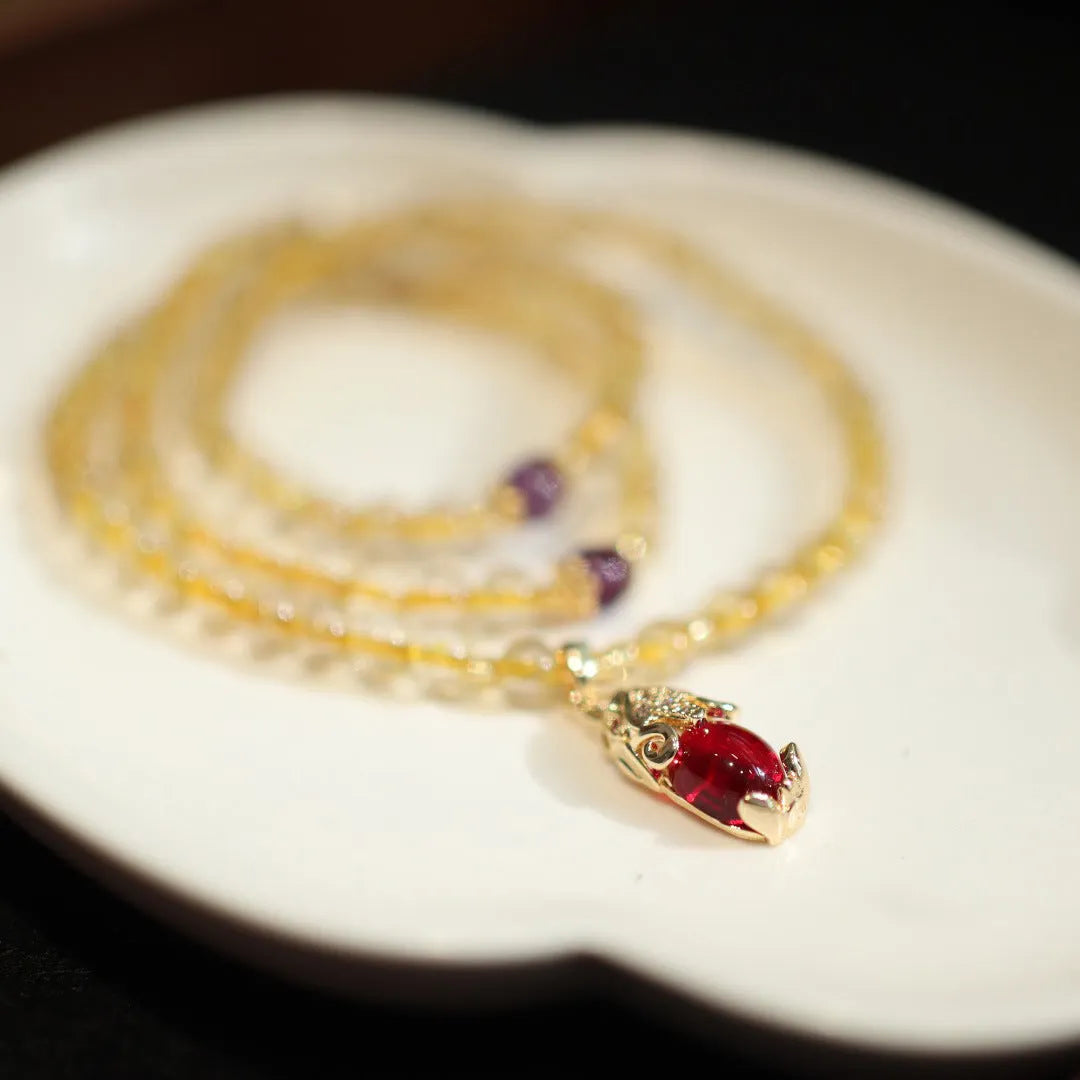 Natural gold rutilated quartz bracelet with three rings Chinese style design on wrist