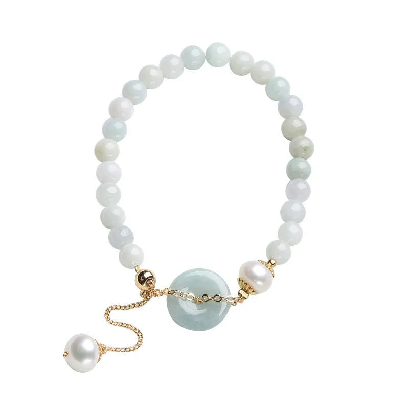 Handmade jade pearl bracelet with natural emerald peace buckle and geometric national style design