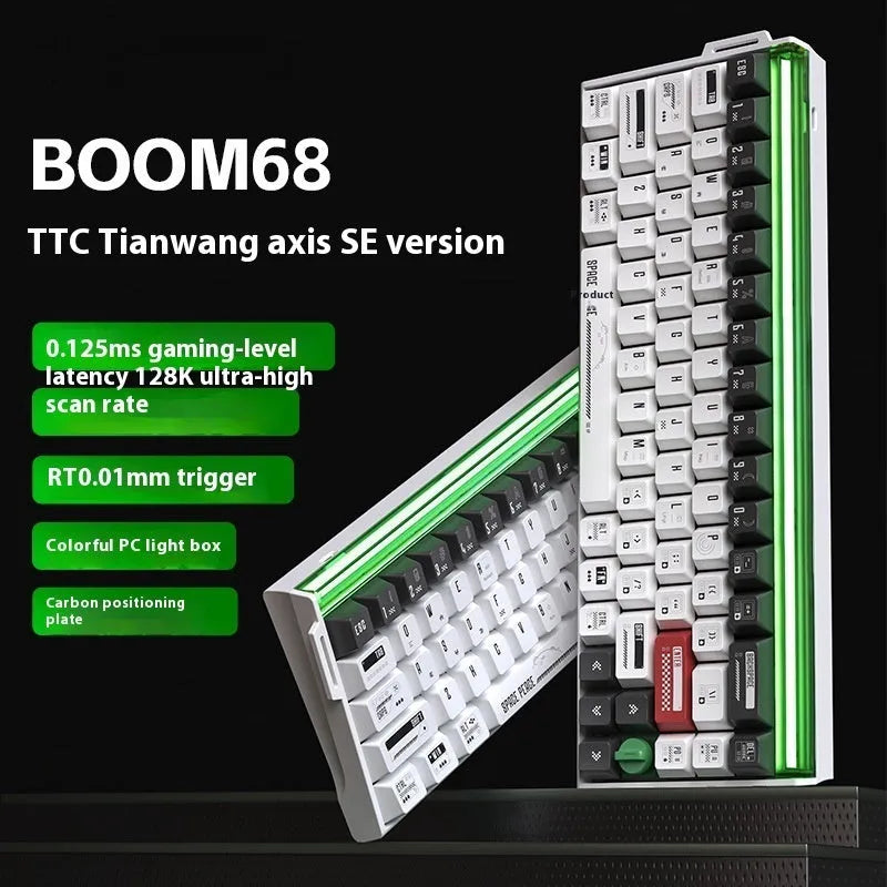 BOOM68 compact mechanical keyboard with RGB backlighting in Green Magic Blade colour scheme on a desk.
