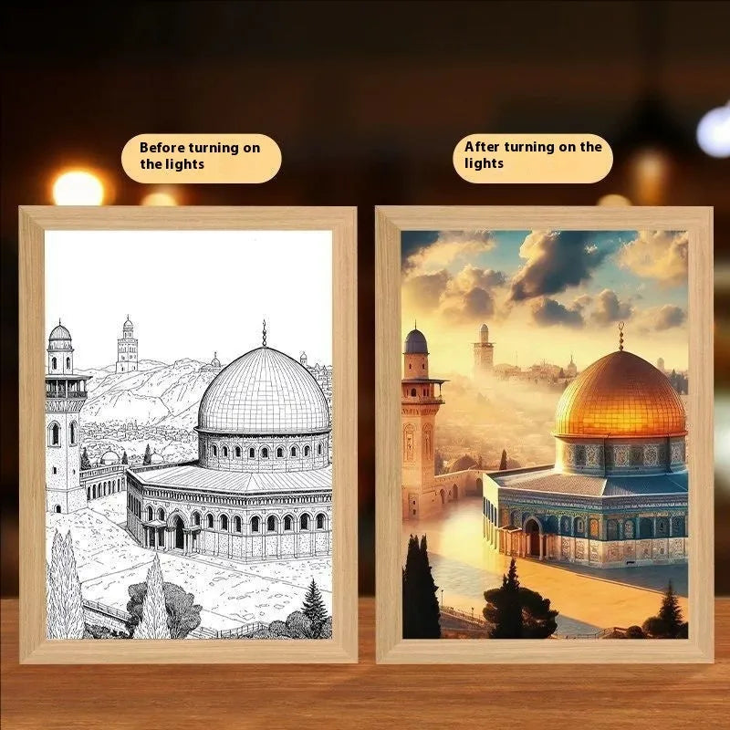 Modern rectangular LED photo frame displaying changeable sea scene artwork with built-in illumination